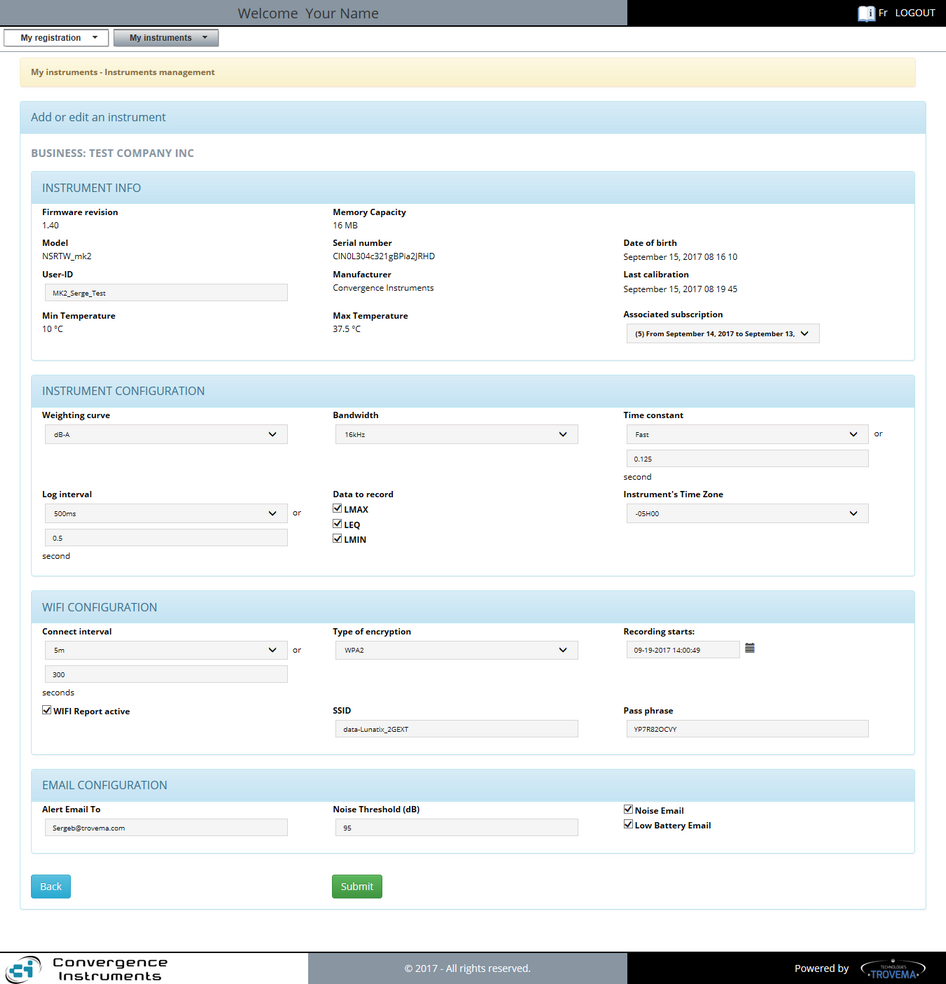 CIDataSolutions - Instrument config landing page