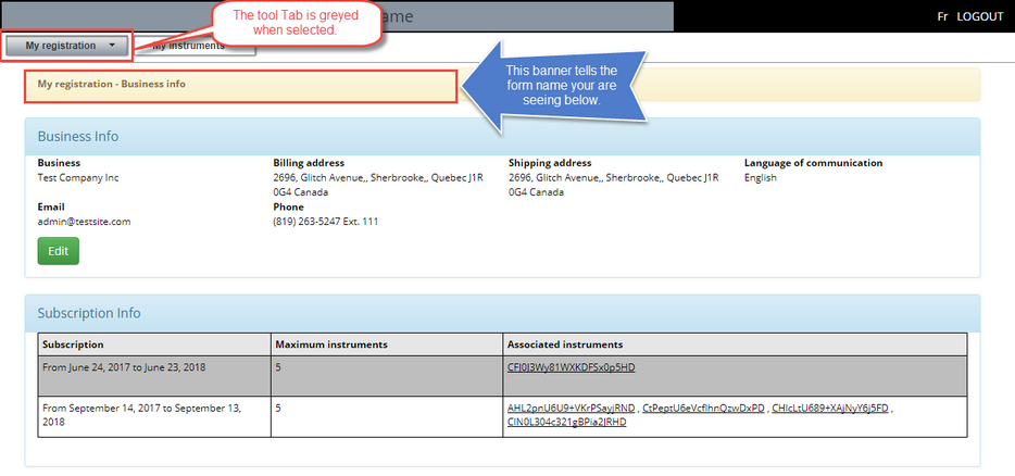 My registration tab - Business info form