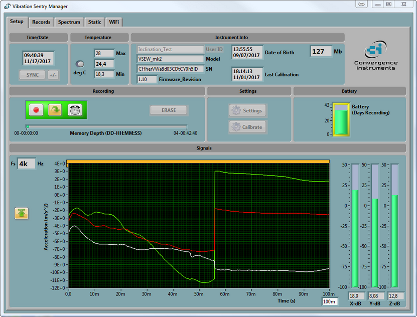 Instrument Manager - Vibration Sentry selected - Setup tab